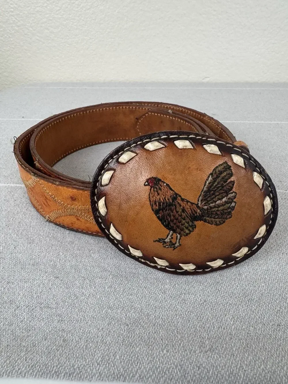 Vintage Justin Ostrich Leather Belt & Vtg Embroidered Rooster Belt Buckle Tan 36